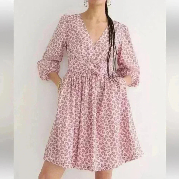 J.Crew V-Neck Poplin Mini Dress Pink Peony Floral Paisley Size 2 - Picture 1 of 9